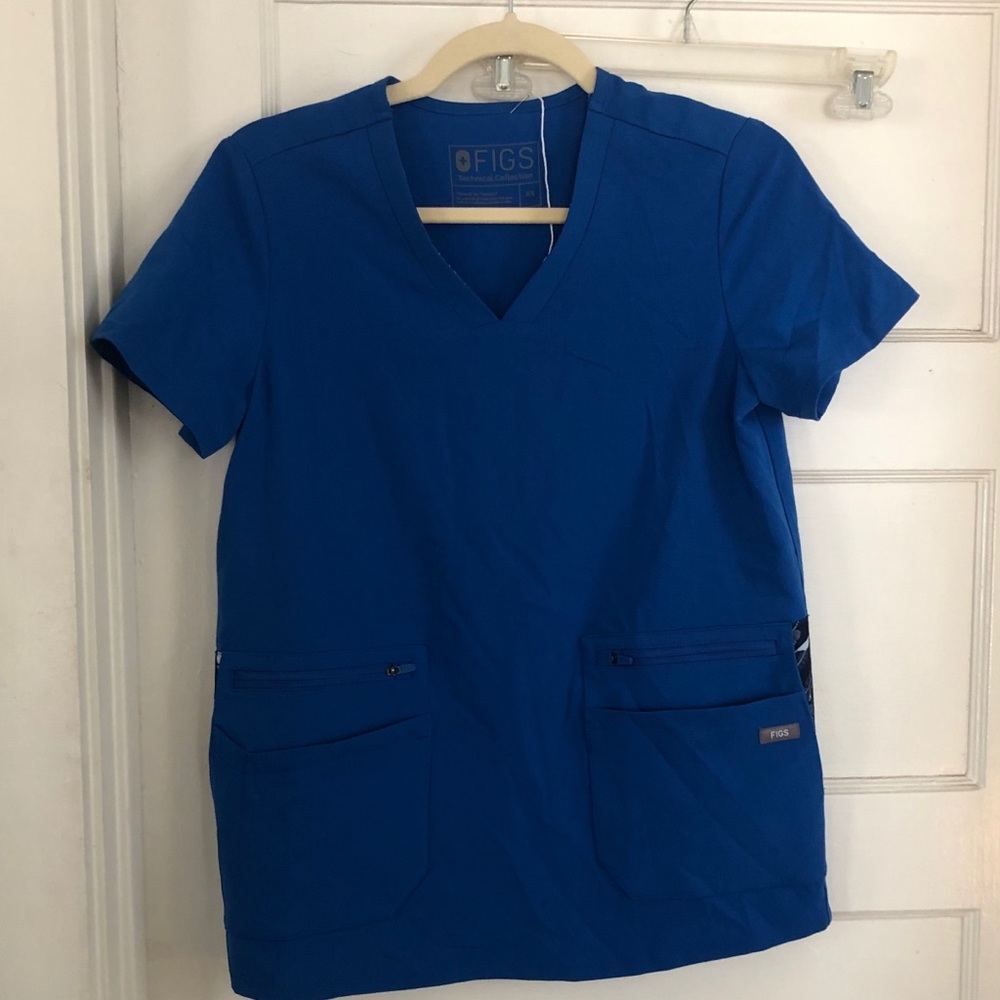 Bright blue feather scrub top